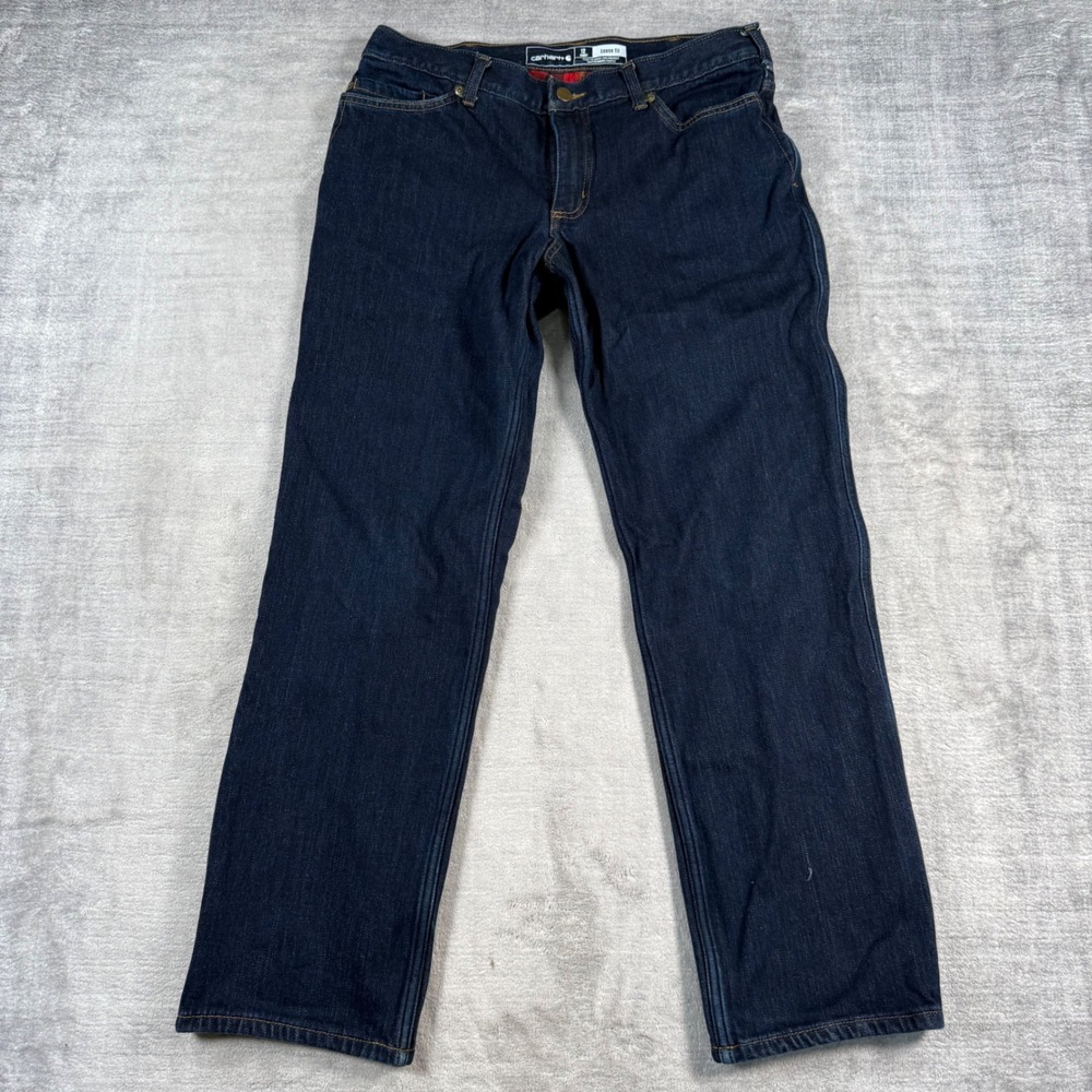 Carhartt Flannel Lined Jeans Mens 12 Short Dark Wash Loose Fit Plaid Workwear